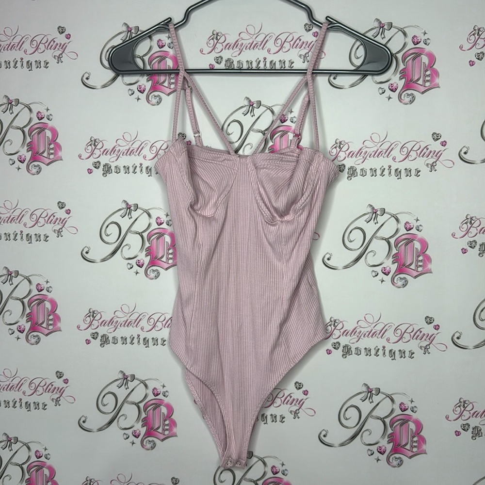 Strappy Bodysuit sexy bustier style corset look ribbed pink